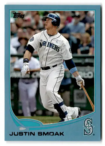 Justin Smoak baseball card with original gloss and blue border from 2013 Topps Wal-Mart