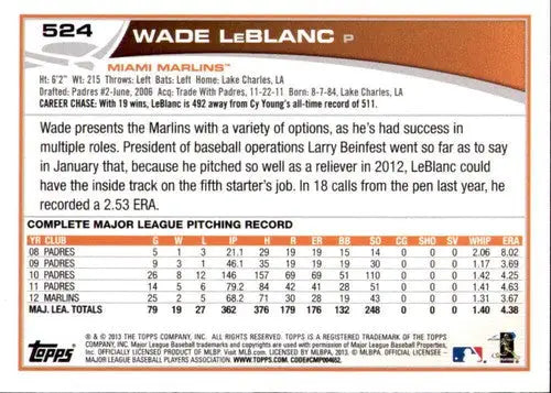 Original gloss Wade LeBlanc baseball card with blue border from 2013 Topps Wal-Mart