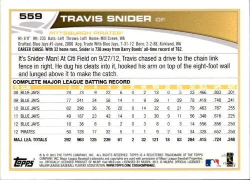 2013 Topps Wal-Mart Blue Border Baseball Card Back featuring Travis Snider NM-MT