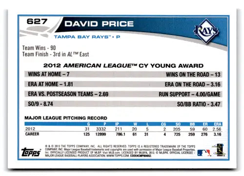 Back of 2013 Topps Wal-Mart Blue Border David Price baseball card with original gloss