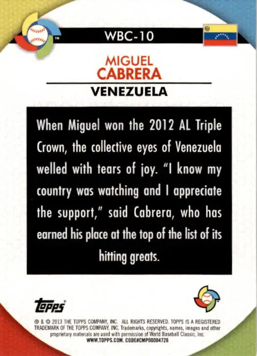 2013 Topps #WBC-10 Miguel Cabrera WBC Stars - Baseball Card Single