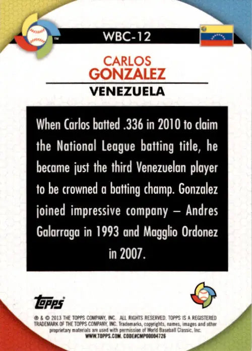2013 Topps #WBC-12 Carlos Gonzalez WBC Stars - Baseball Card Single