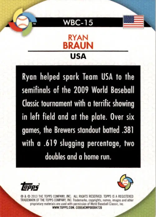 2013 Topps #WBC-15 Ryan Braun WBC Stars - Baseball Card Single