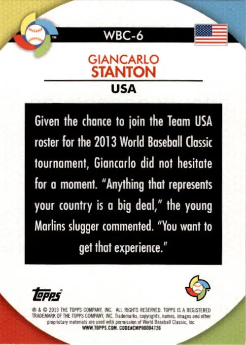 2013 Topps #WBC-6 Giancarlo Stanton WBC Stars - Baseball Card Single
