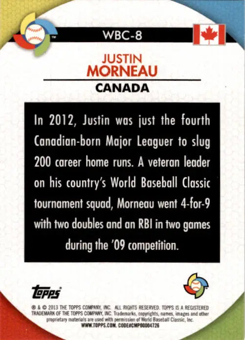 2013 Topps #WBC-8 Justin Morneau WBC Stars - Baseball Card Single