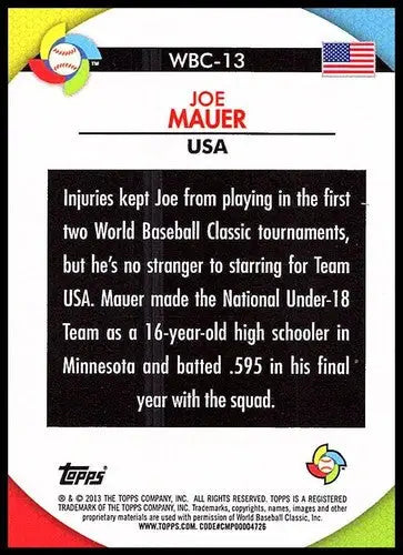 Back of a baseball trading card featuring Joe Mauer from 2013 Topps WBC Stars series