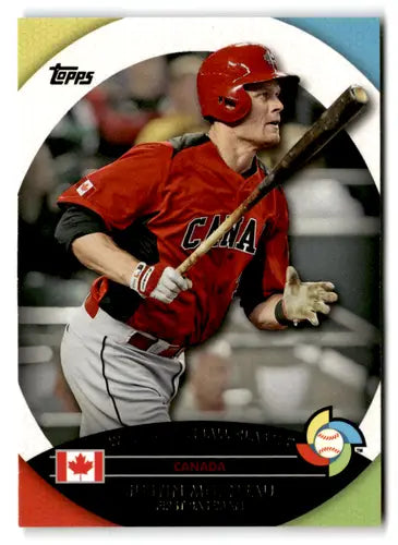 Original gloss of 2013 Topps WBC Stars Justin Morneau baseball trading card featuring a Canadian player in a red jersey