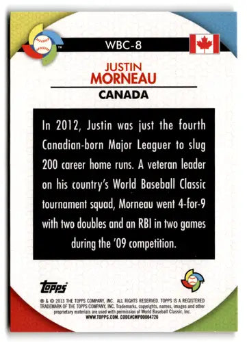 Original gloss Topps WBC Stars Justin Morneau baseball trading card from Canada