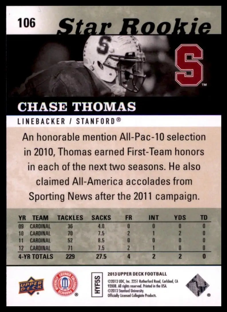 2013 Upper Deck - Star Rookie Chase Thomas #106 (RC) - Football Card Single