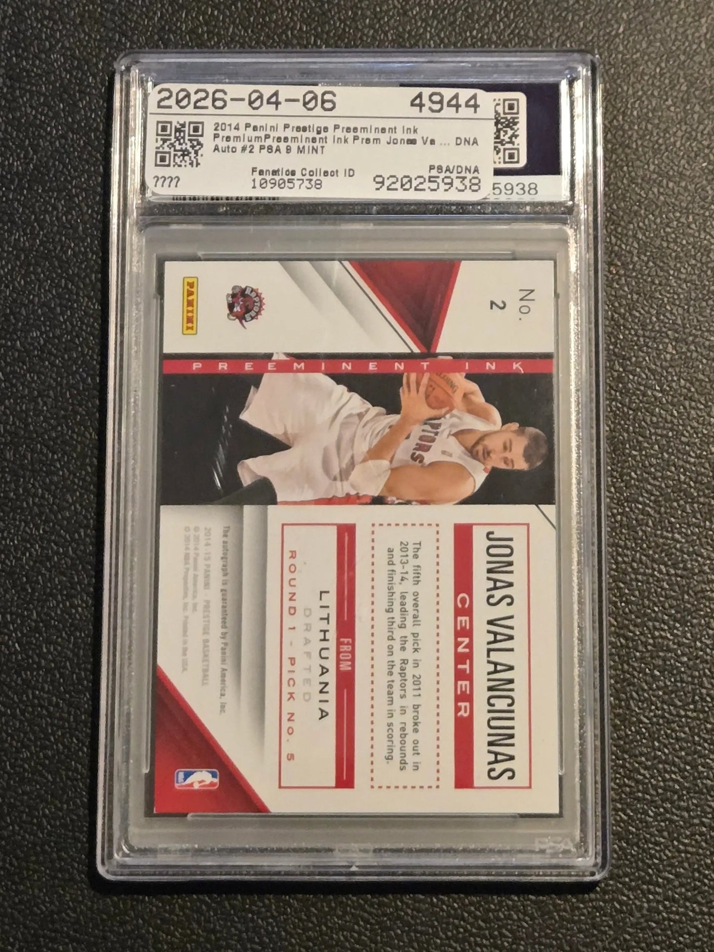 2014-15 Panini Prestige Premium #2 Jonas Valanciunas Preeminent Ink #/149 PSA 9 - Basketball Card Single