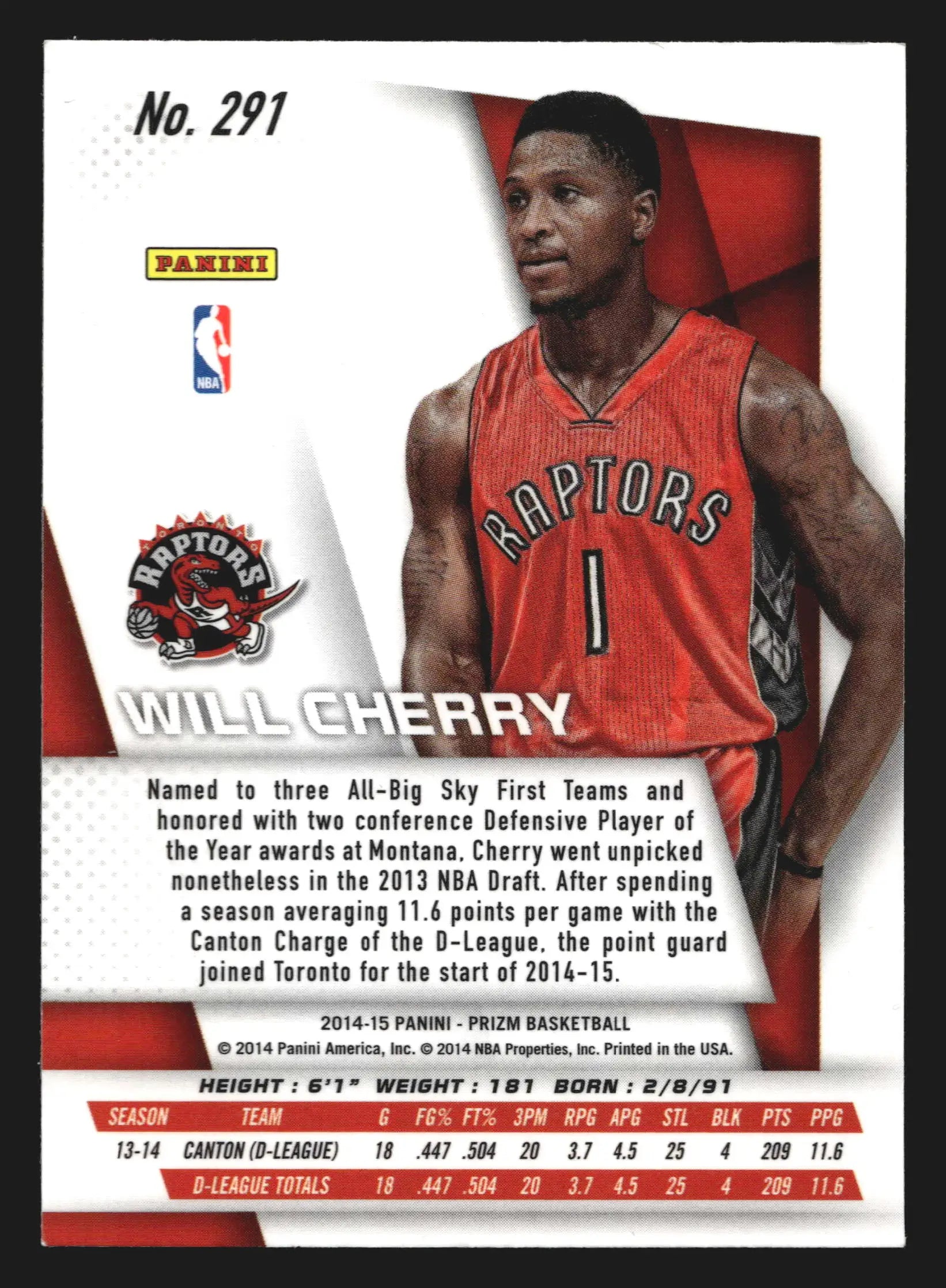 2014-15 Panini Prizm Will Cherry #291 Toronto Raptors RC