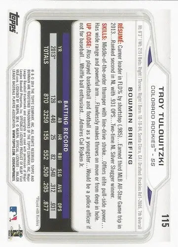 2014 Bowman #115 Troy Tulowitzki NM-MT Rockies ID:57929 - Baseball Card Single