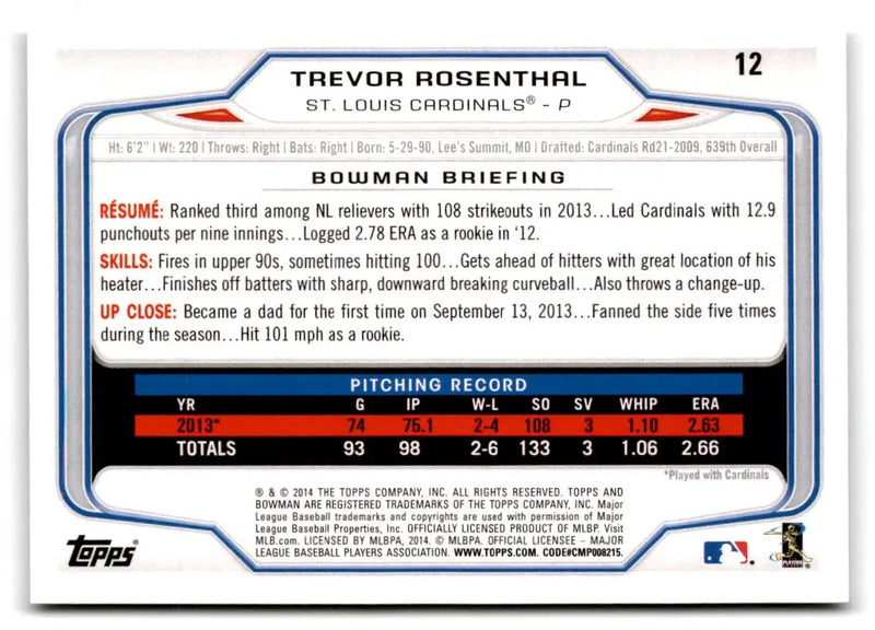 2014 Bowman #12 Trevor Rosenthal - Baseball Card Single