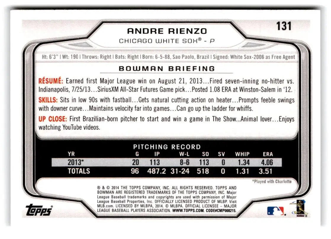 2014 Bowman #131 Andre Rienzo - Baseball Card Single