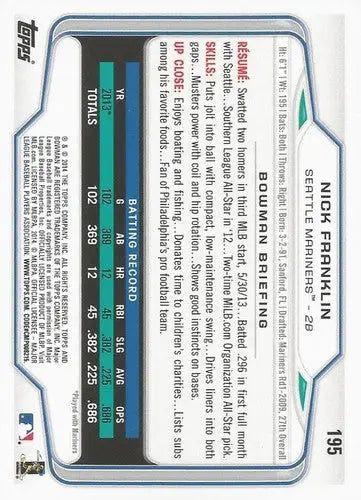 2014 Bowman Nick Franklin baseball card with original gloss in NM-MT condition