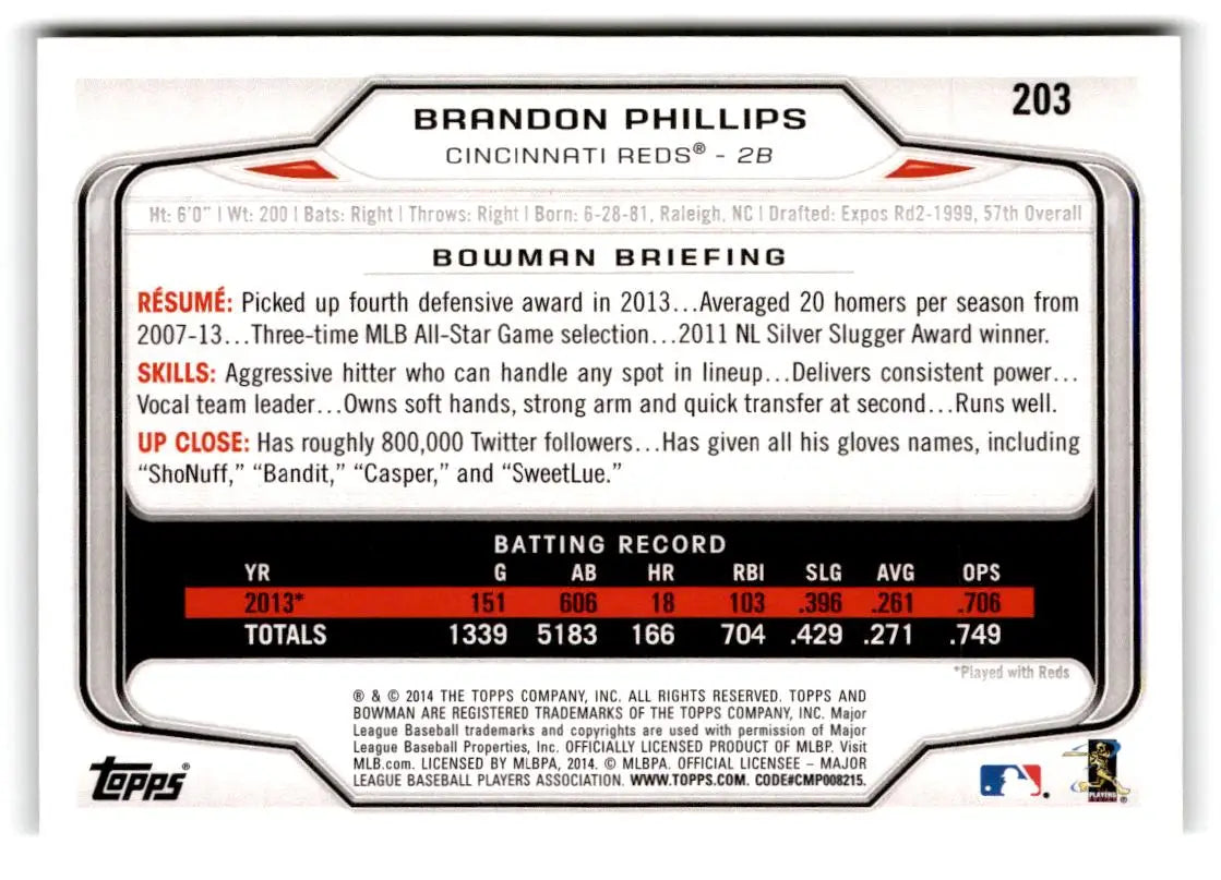 2014 Bowman #203 Brandon Phillips - Baseball Card Single