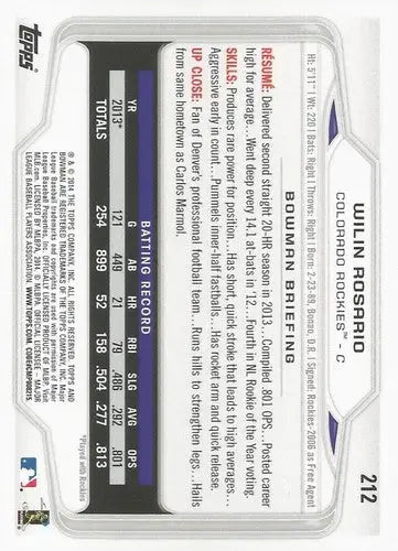 Original gloss Wilin Rosario baseball card 2014 Bowman NM-MT Rockies ID 72897