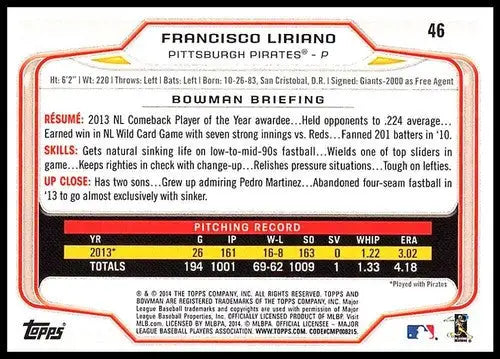 2014 Bowman #46 Francisco Liriano NM-MT Pirates ID:72385 - Baseball Card Single