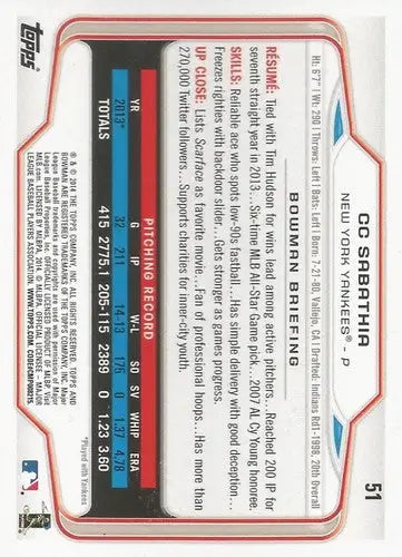 2014 Bowman #51 CC Sabathia NM-MT Yankees ID:73048 - Baseball Card Single