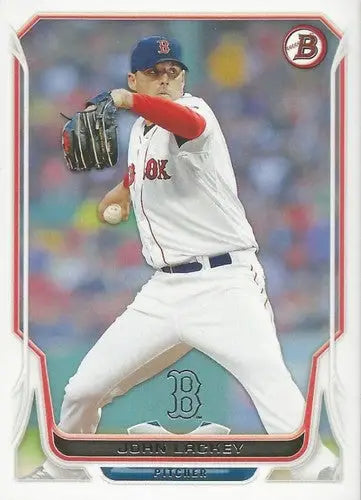 Baseball trading card of John Lackey in Red Sox uniform with original gloss
