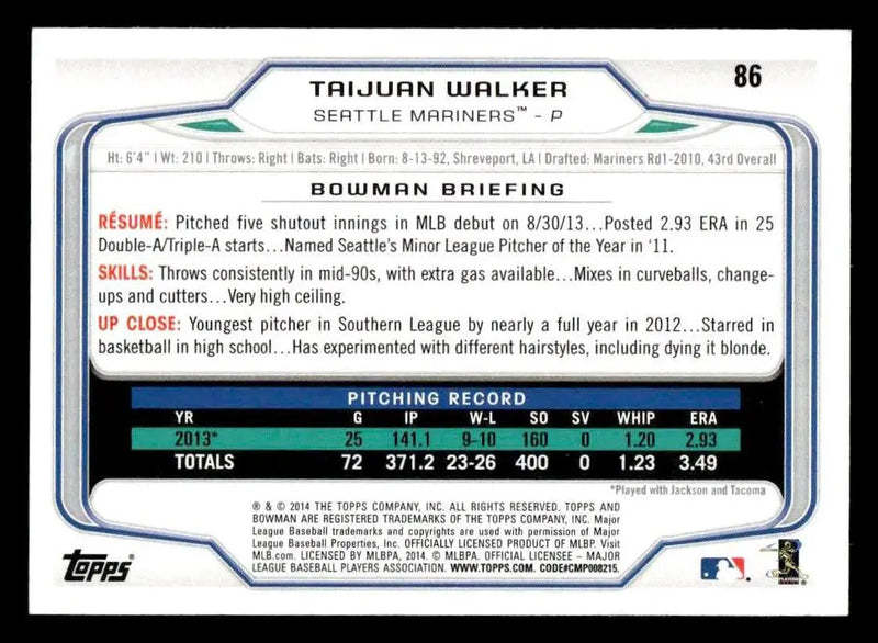 2014 Bowman #86 Taijuan Walker - Baseball Card Single
