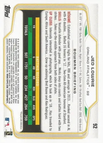 2014 Bowman #92 Jed Lowrie NM-MT Athletics ID:72351 - Baseball Card Single