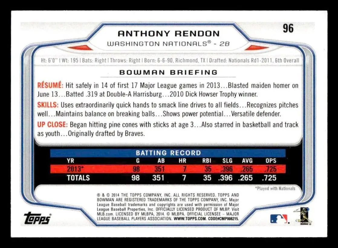 2014 Bowman #96 Anthony Rendon - Baseball Card Single