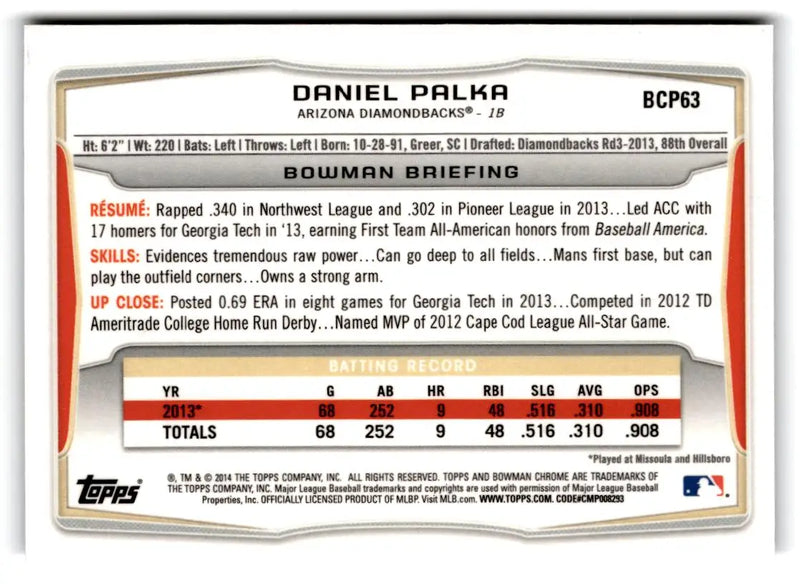 2014 Bowman #BCP63 Daniel Palka Chrome Prospects - Baseball Card Single