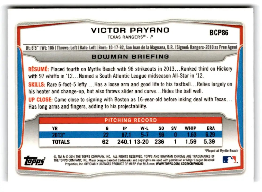 2014 Bowman #BCP86 Victor Payano Chrome Prospects - Baseball Card Single