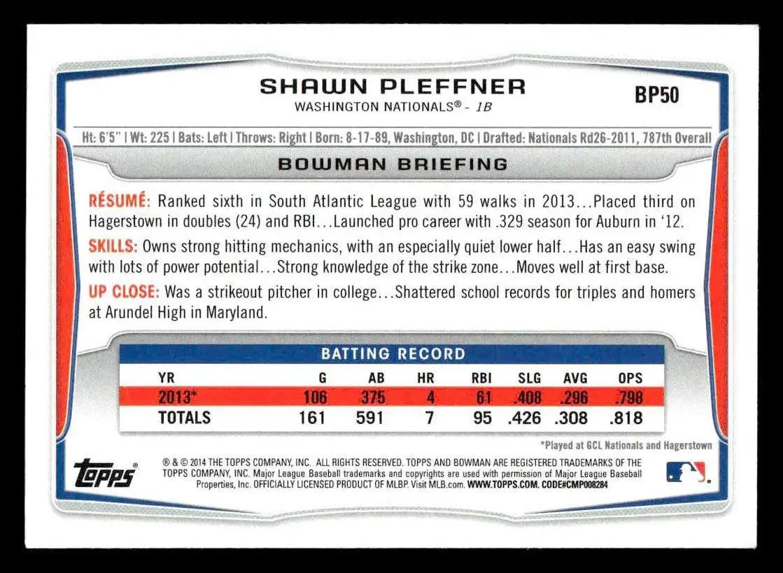 2014 Bowman #BP50 Shawn Pleffner Prospects - Baseball Card Single
