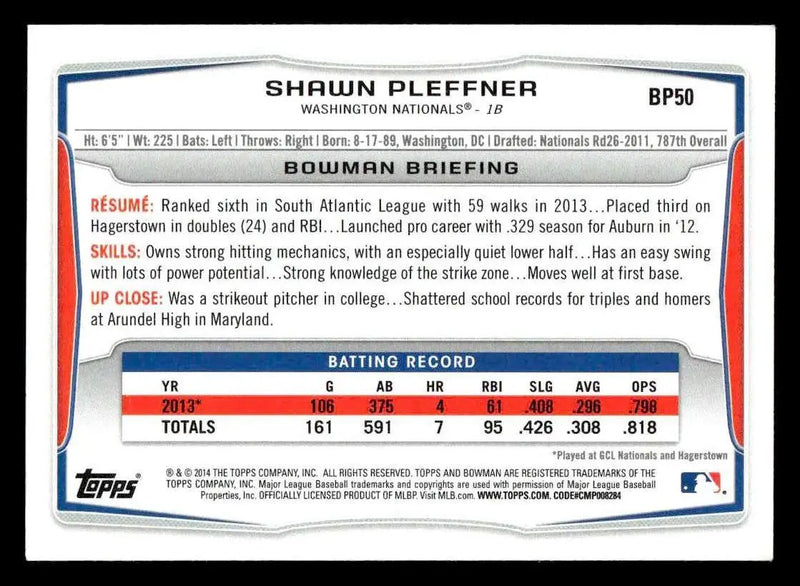 2014 Bowman #BP50 Shawn Pleffner Prospects - Baseball Card Single