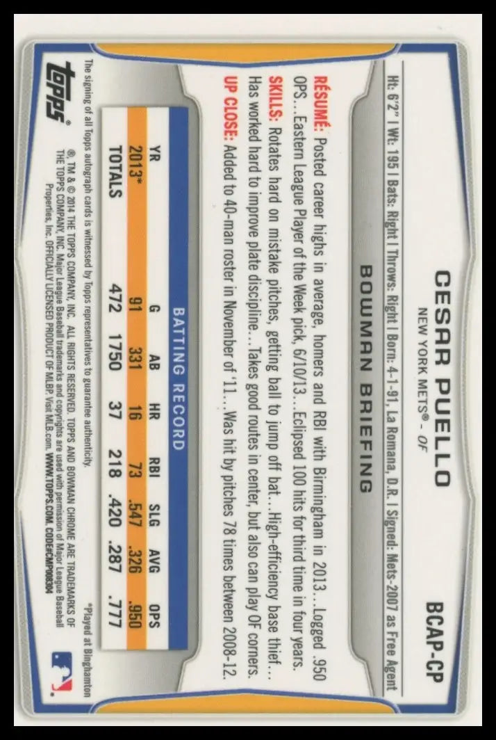 2014 Bowman - Chrome Prospect Autographs Cesar Puello BCAP-CP Auto Baseball NM - Baseball Card Single