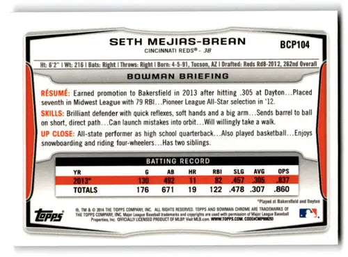 Original gloss baseball trading card for Seth Mejias-Brean from Bowman Chrome Prospects