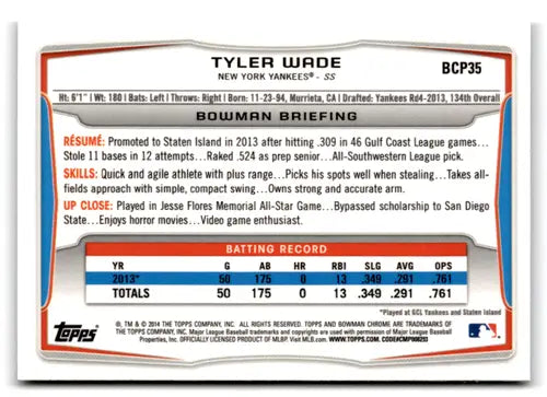 2014 Bowman Chrome Prospects Tyler Wade baseball card BCP35 Yankees NM-MT