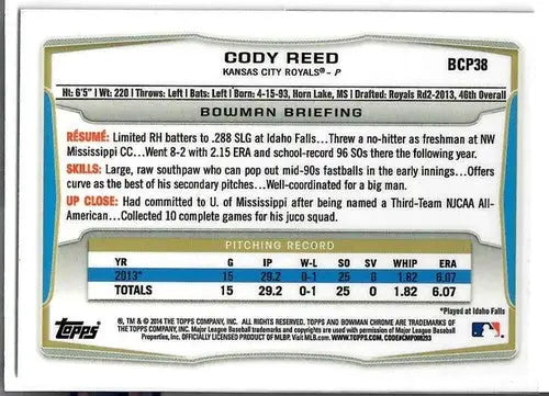 Original gloss Bowman Chrome Prospects Cody Reed baseball card BCP38 Royals NM-MT