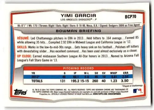 2014 Bowman Chrome Prospects #BCP70 Yimi Garcia NM-MT Dodgers ID:42777 - Baseball Card Single