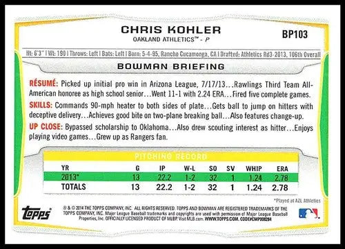 2014 Bowman Prospects #BP103 Chris Kohler NM-MT Athletics ID:72222 - Baseball Card Single