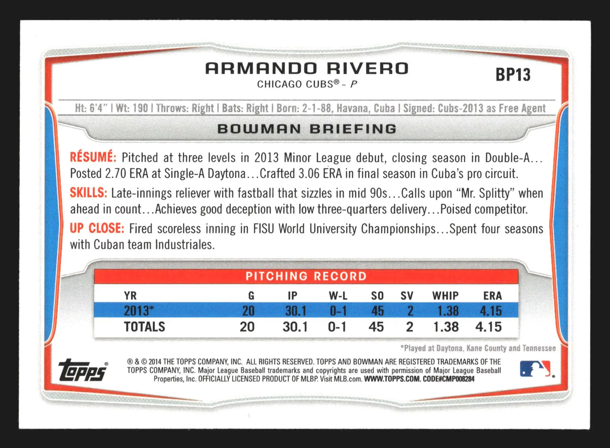 2014 Bowman Prospects #BP13 Armando Rivero 1st Bowman Chicago Cubs - Baseball Card Single