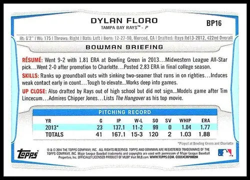 2014 Bowman Prospects #BP16 Dylan Floro NM-MT Rays ID:70895 - Baseball Card Single