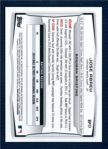 2014 Bowman Prospects BP17 Jose Abreu White Sox baseball card showing BP17 Jose Abreu