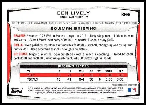 2014 Bowman Prospects #BP66 Ben Lively NM-MT Reds ID:72317 - Baseball Card Single