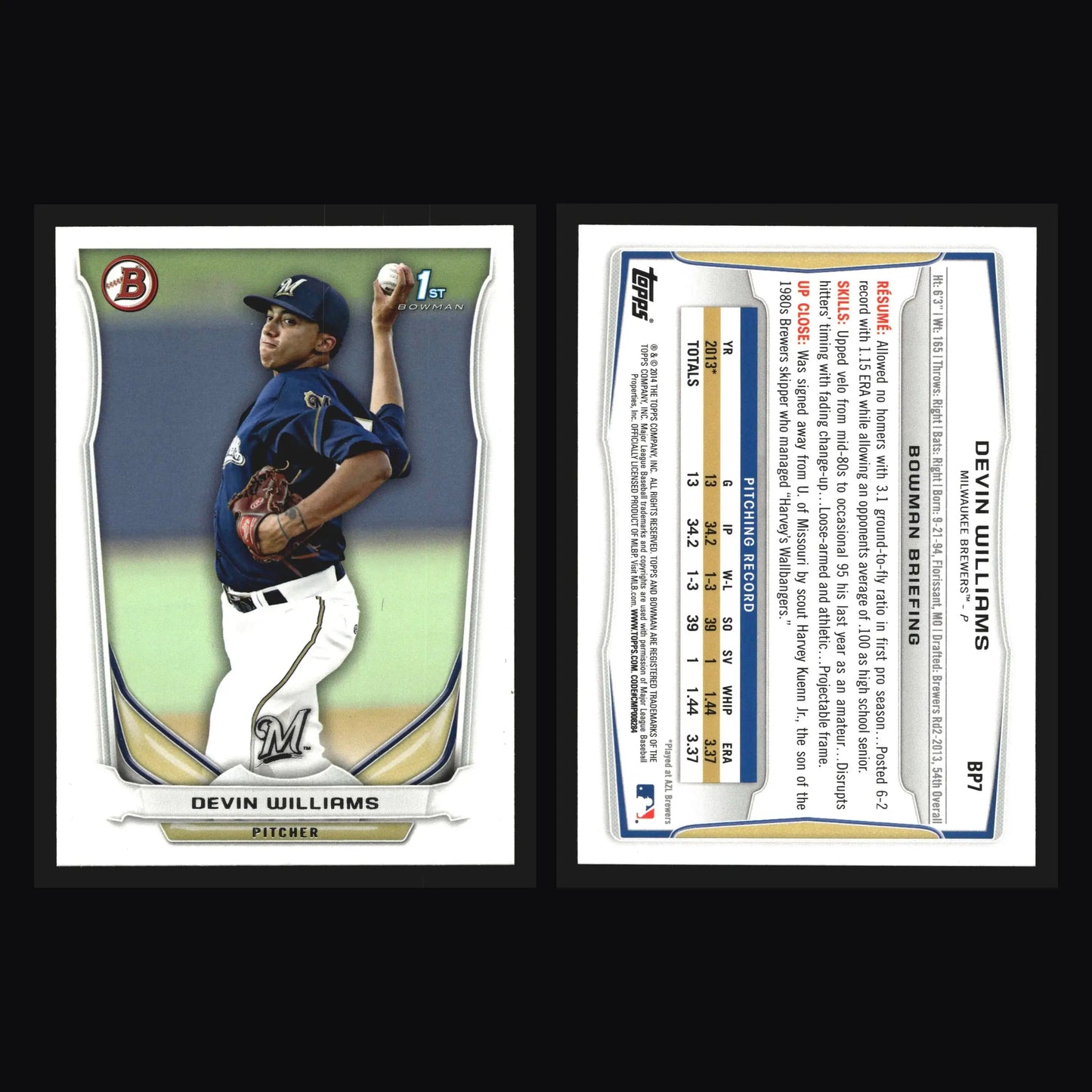 2014 Bowman Prospects #BP7 Devin Williams 1st Bowman Brewers - Baseball Card Single