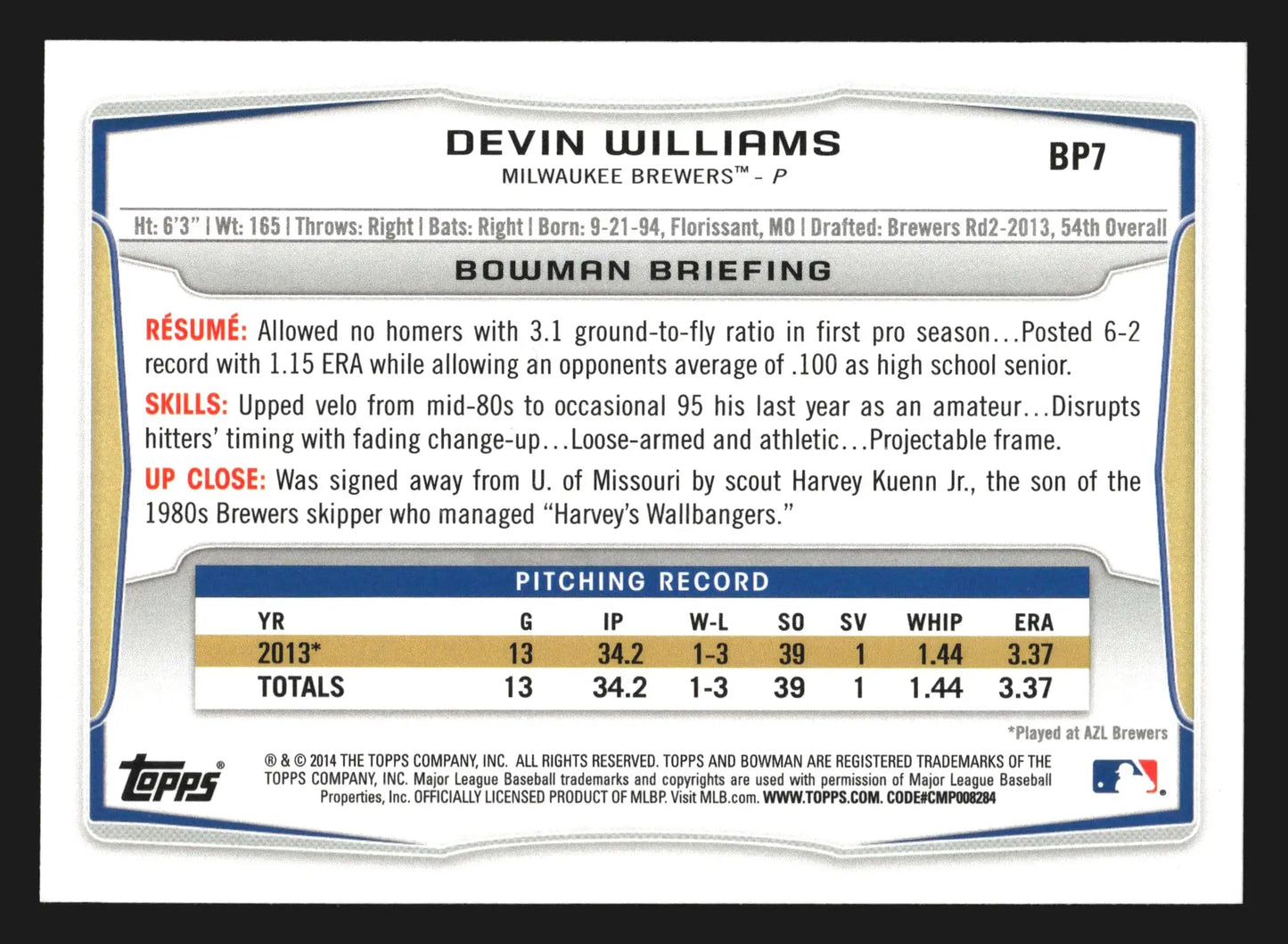 2014 Bowman Prospects #BP7 Devin Williams 1st Bowman Brewers - Baseball Card Single