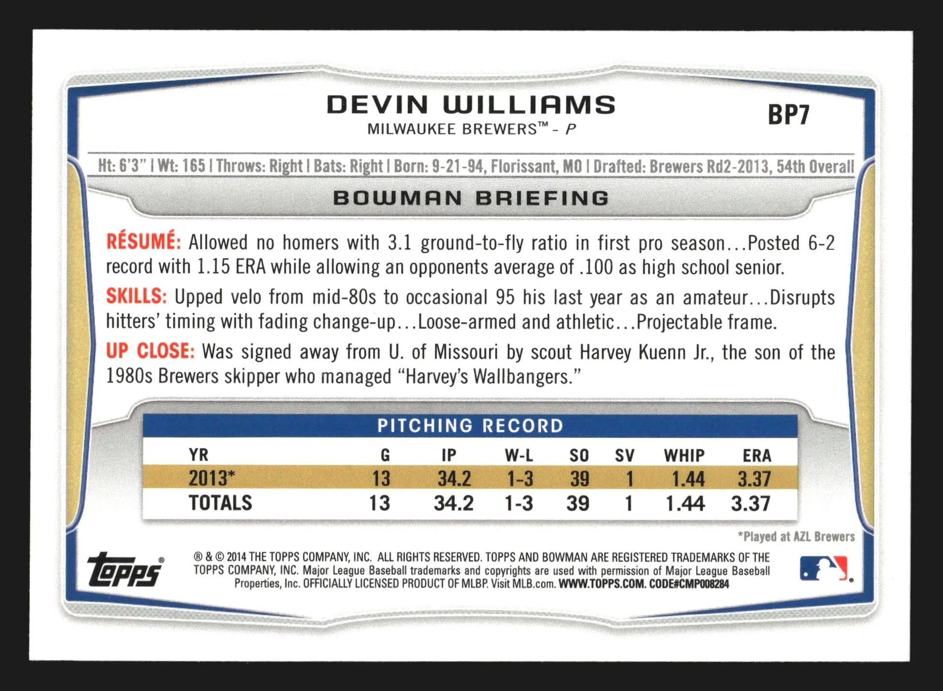 2014 Bowman Prospects #BP7 Devin Williams 1st Bowman Brewers - Baseball Card Single