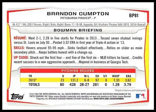 Original gloss Bowman prospects Brandon Cumpton baseball card from 2014 Pirates collection