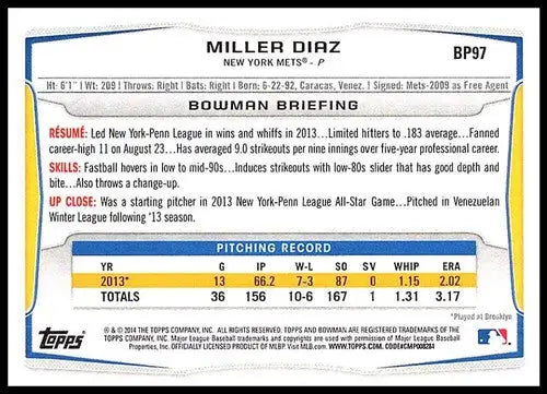 Baseball card back from Bowman Prospects featuring Miller Diaz with original gloss