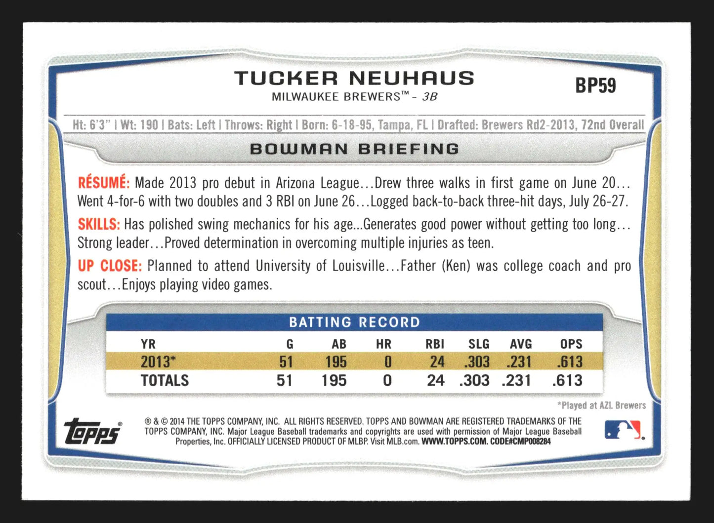 2014 Bowman Prospects Tucker Neuhaus #BP59 Brewers 1st Bowman - Baseball Card Single