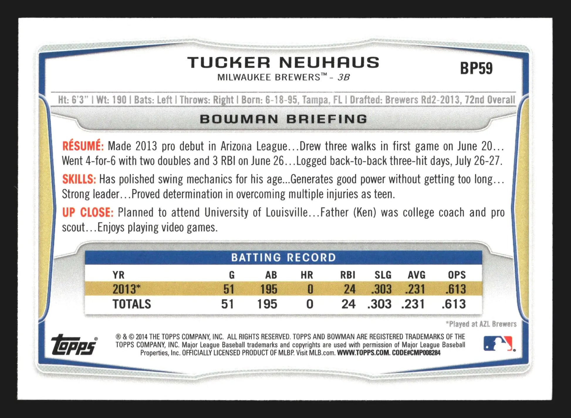 2014 Bowman Prospects Tucker Neuhaus #BP59 Brewers 1st Bowman - Baseball Card Single