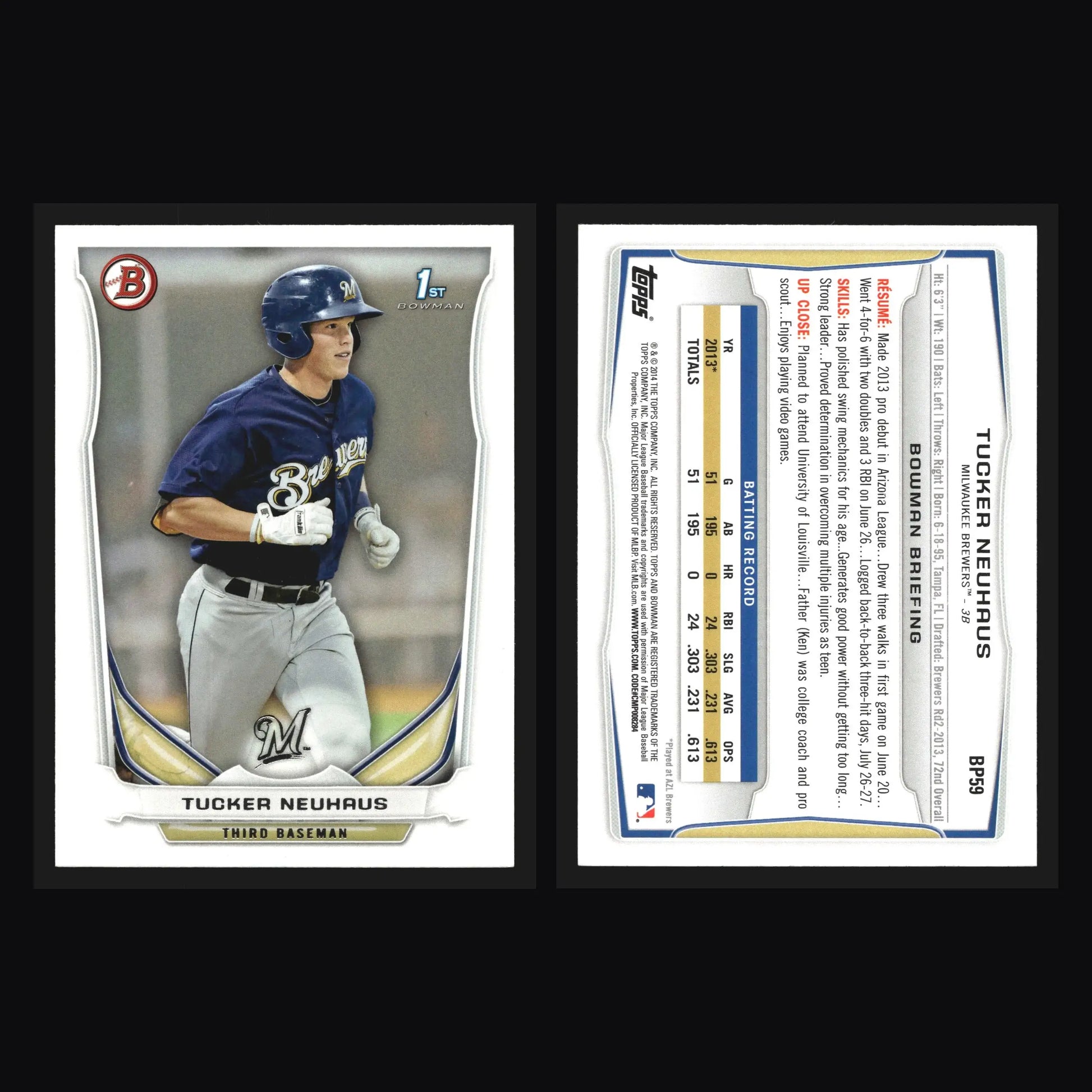 2014 Bowman Prospects Tucker Neuhaus #BP59 Brewers 1st Bowman - Baseball Card Single