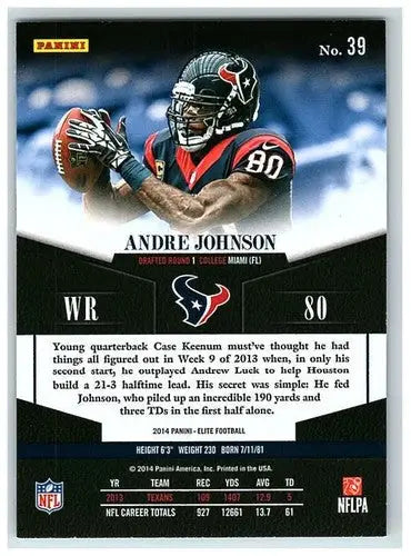 Original gloss Donruss Elite Andre Johnson football card from 2014 Texans collection